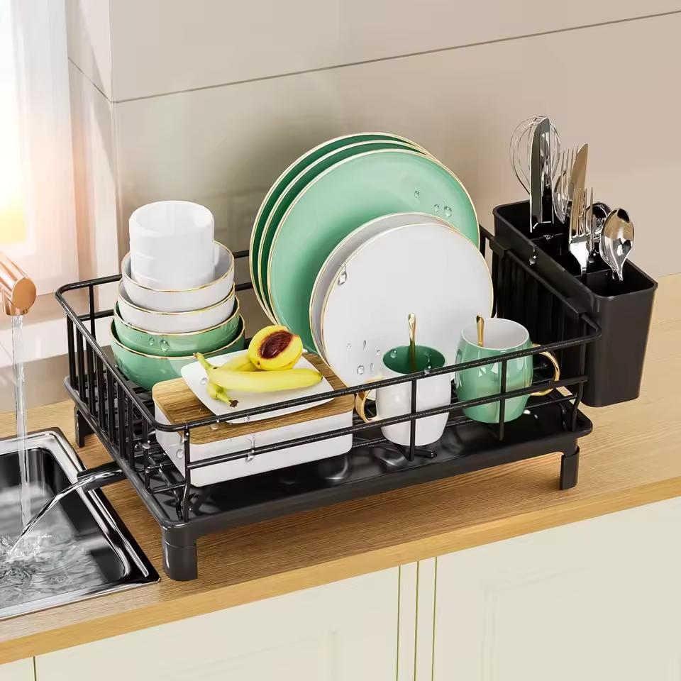 Modern Metal Multi-Purpose Kitchen Organizer Over-Sink Dish Drying Rack with Drain Storage for Plates Bowls Utensils