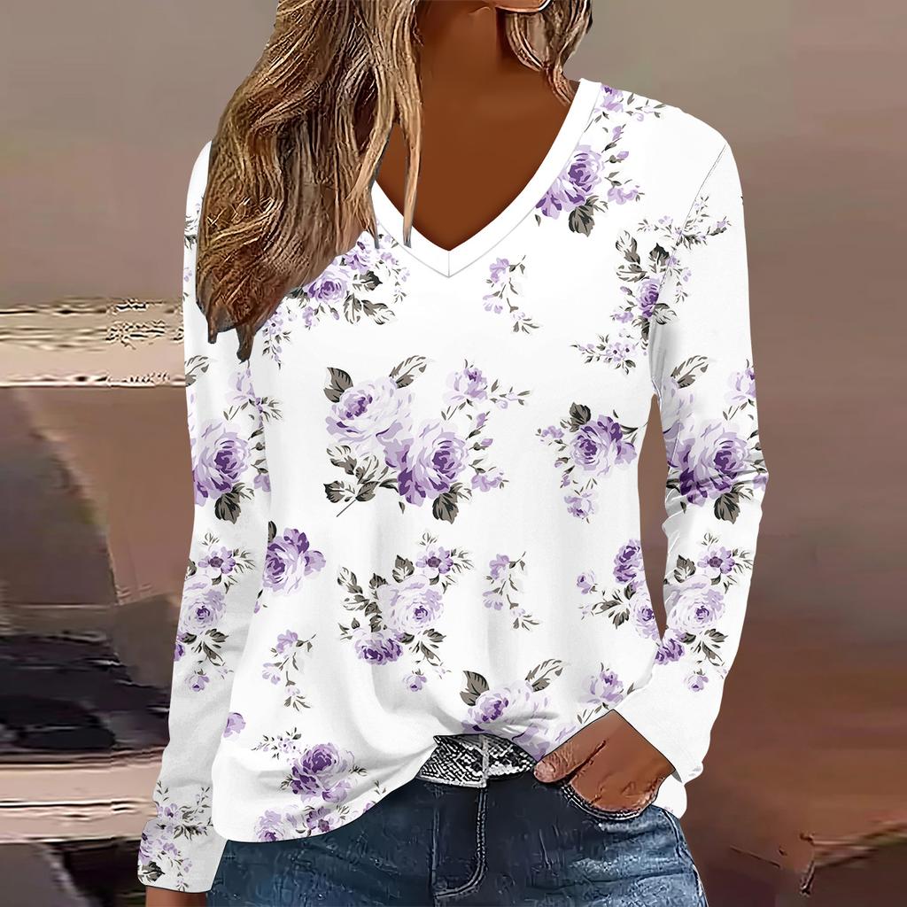 Europäische und amerikanische Mode 2025 Damen Elegantes V-Ausschnitt Langarm T-Shirt