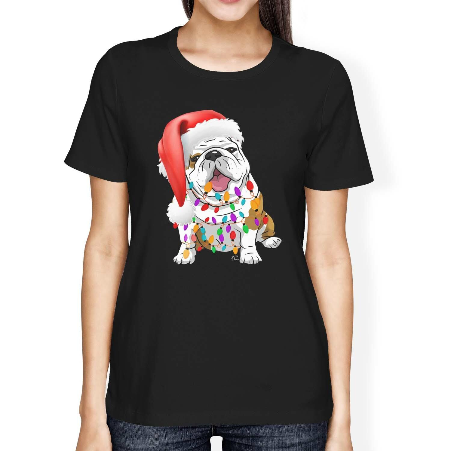1Tee Womens Loose Fit Bull Dog Wearing Christmas Lights and Hat T-Shirt S