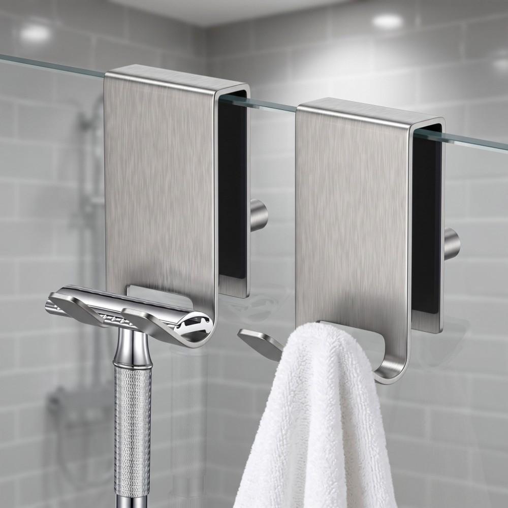 Stainless Steel Shower Door Hook Double Sided Heavy Duty Door Mount Hook Sturdy No Drill Bathroom Organizer Hook