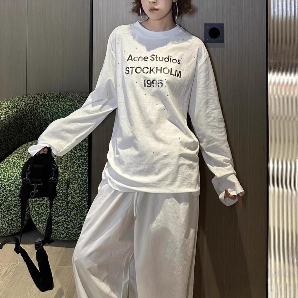 Tricou lung pentru femei 1996 cu imprimeu oglindă și strasuri, cu mânecă lungă