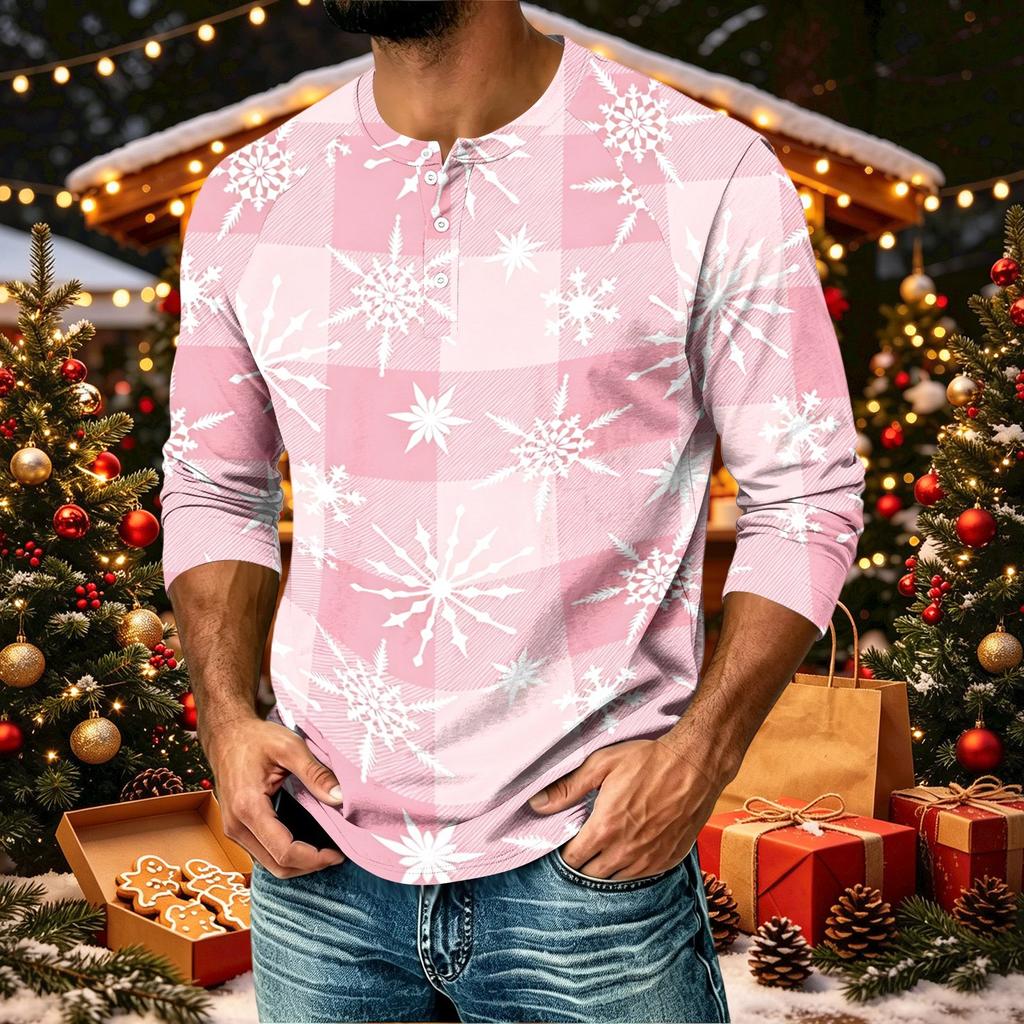 Men's Casual Shirt with Raglan Three-Quarter Length Sleeves Christmas Print Pullover