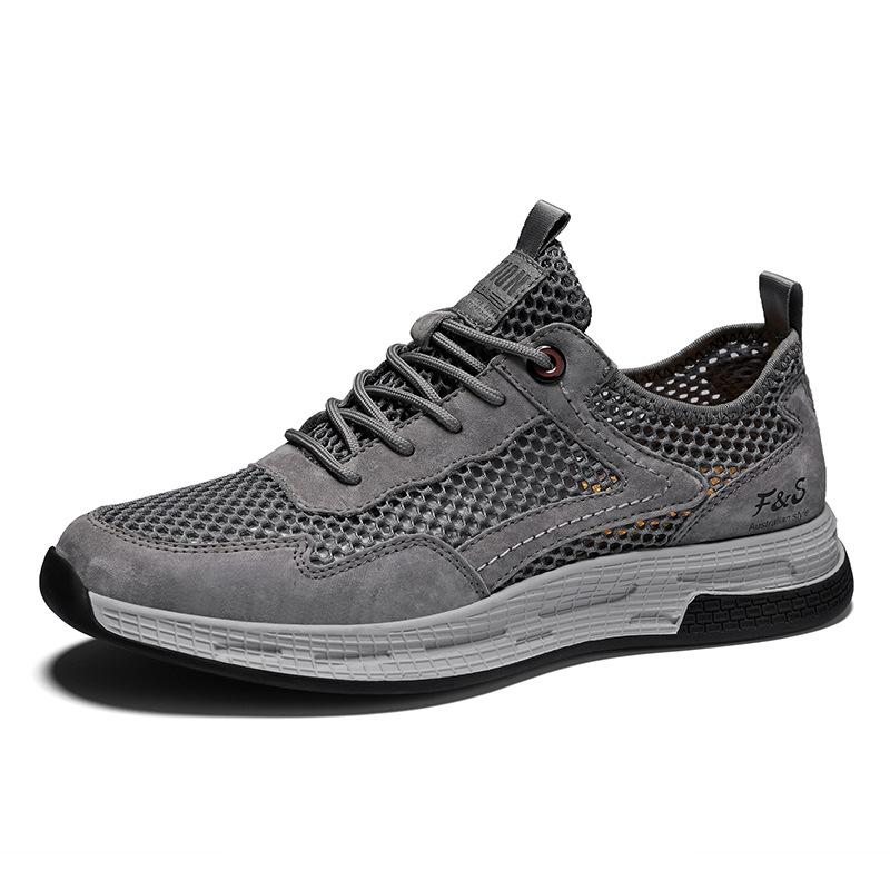Sneakers Men's summer breathable leather mesh shoes Men's large mesh hollow soft sole Lightweight non-slip casual jogging shoes