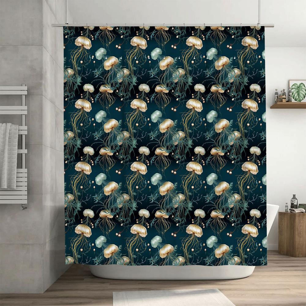 Seashell Jellyfish Blue Shower Curtain Waterproof Fabric Bathroom Decor with Hooks Ocean Life Print Home Decoration Gift for Her