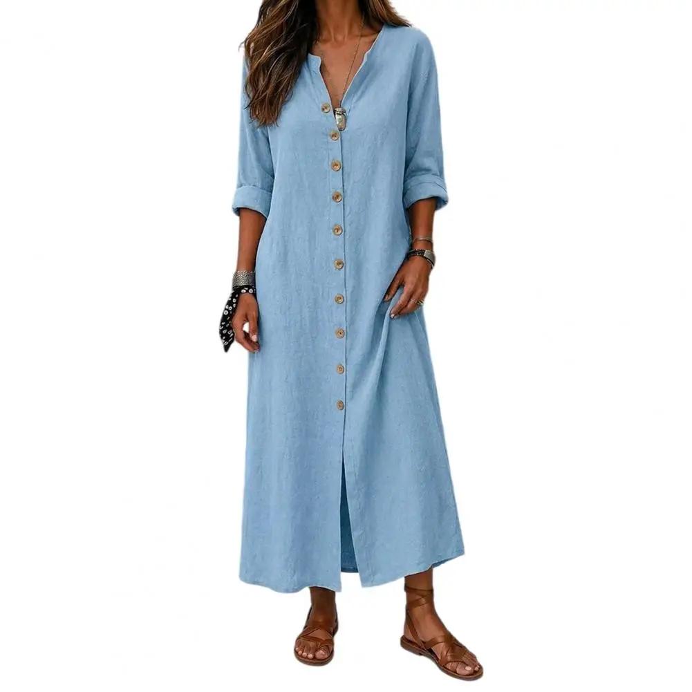 Vintage Long Dress Women Loose Fit V Neck 3/4 Sleeve Front Buttons Split Hem Maxi Dress Casual Work Vacation Solid Color Dresses