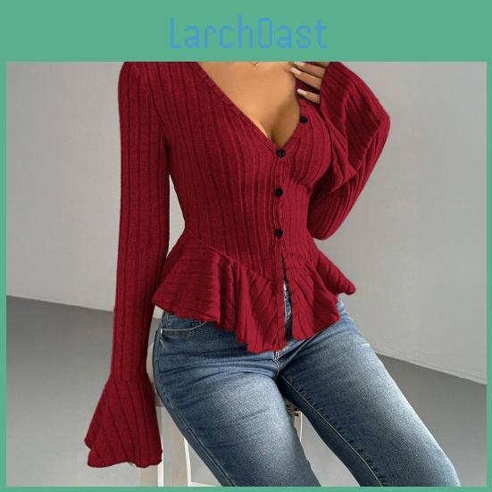 Slim V Fit Tops Women Neck Flared Long Sleeve Ruffle Detail Knitting Tops Solid Color Buttons Closure Winter Sweater