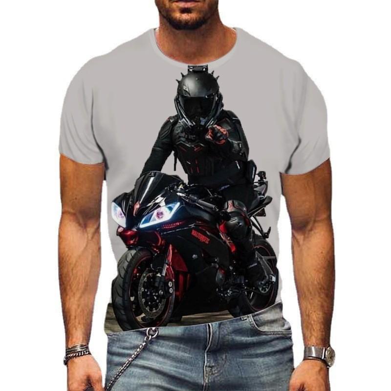 Round Neck 3D Motorcycle Printed Fashionable Casual Short Sleeved Men's T-shirts - Soft Medium Stretch Polyester Fabric Summer Relaxed Fit Clothing
