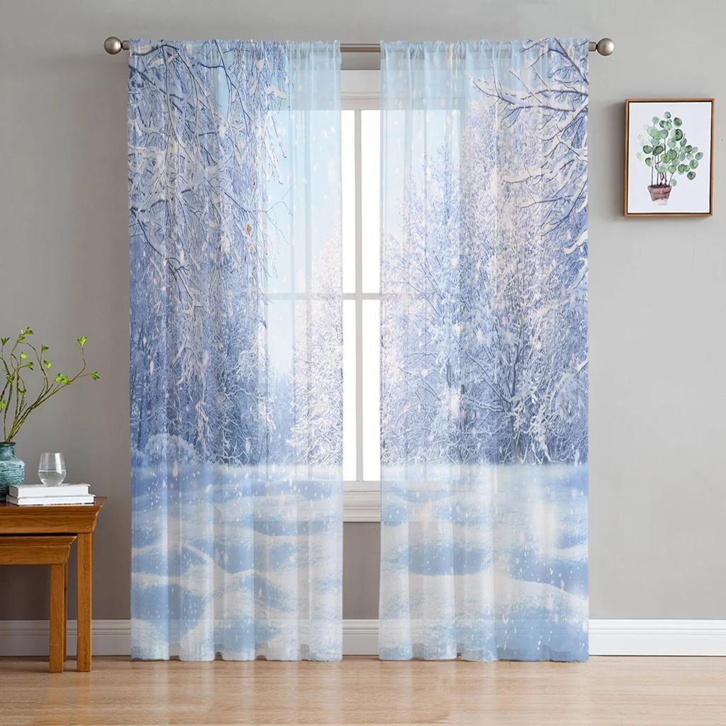Christmas Tree Print Curtain Bedroom Living Room Cafe Xmas Snowflake Winter Semi Drape Voile Window Treatment Sheer For Sitting Made Of Polyester