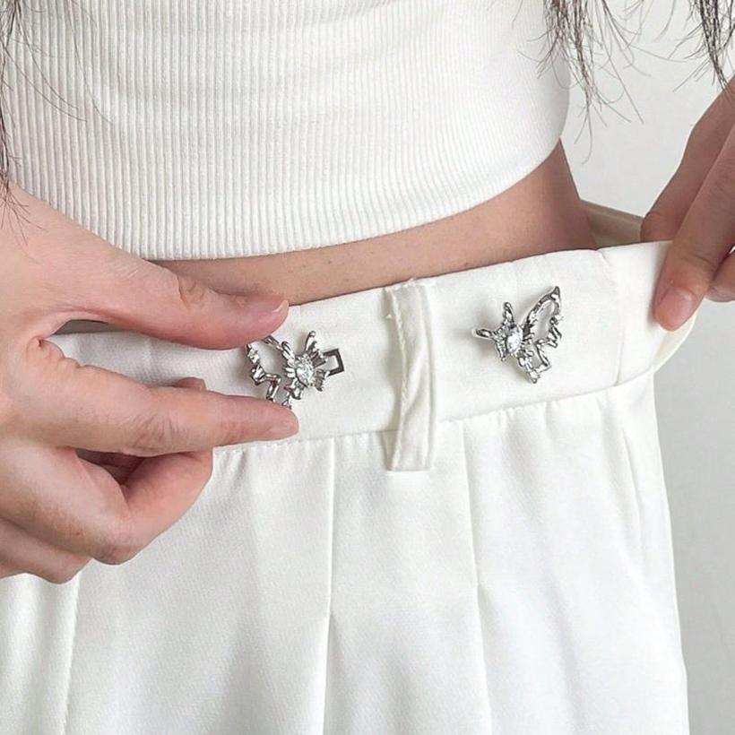 Women Vintage Rhinestone Butterfly Pant Waist Tightener Detachable Adjustable Jean Waist Button Buckle