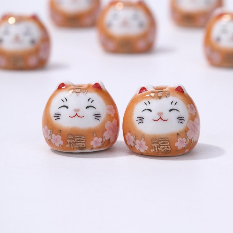 Ceramic Lucky Cat DIY Bracelet Pendant - Vertical Hole Beaded Charm Daruma Cat Accessories