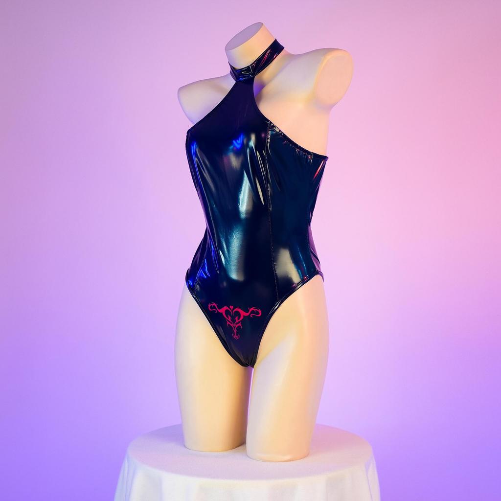 "Stylish Patent Leather Halter Neck Swimsuit - Backless, Slim Fit, Unique Print, C2051"