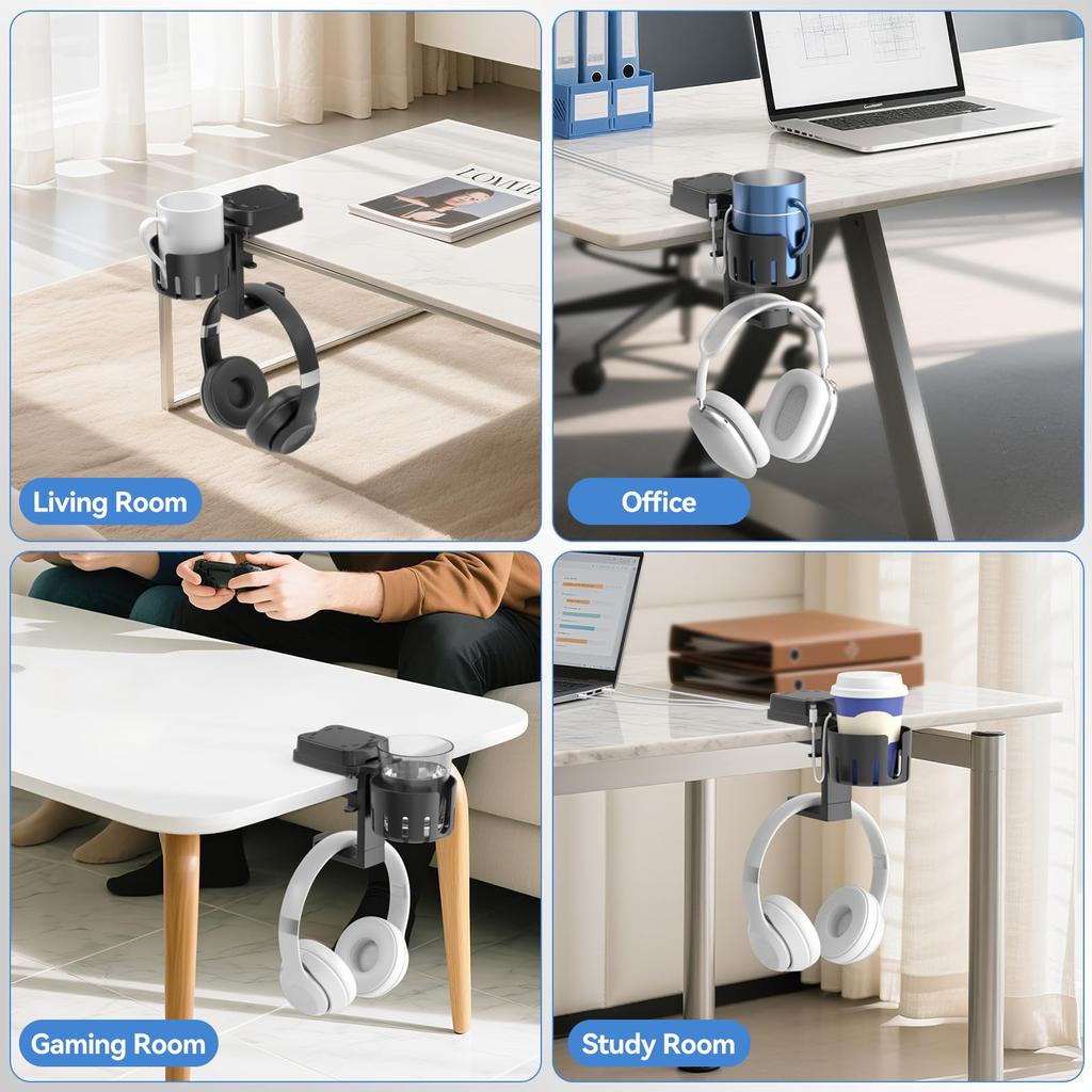 KDD Headphone Stand and Cup Holder, Detachable 360° Rotating Headphone Hanger with Cable Rack and Storage, 2 Cable Clamps - Drink Holder Desk,
