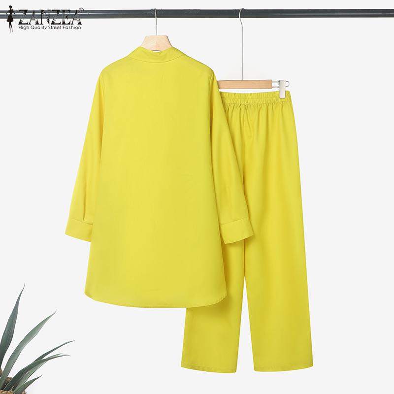 ZANZEA Women Long Sleeve Print Blouse and Pants Casual Two Piece Suit Sets