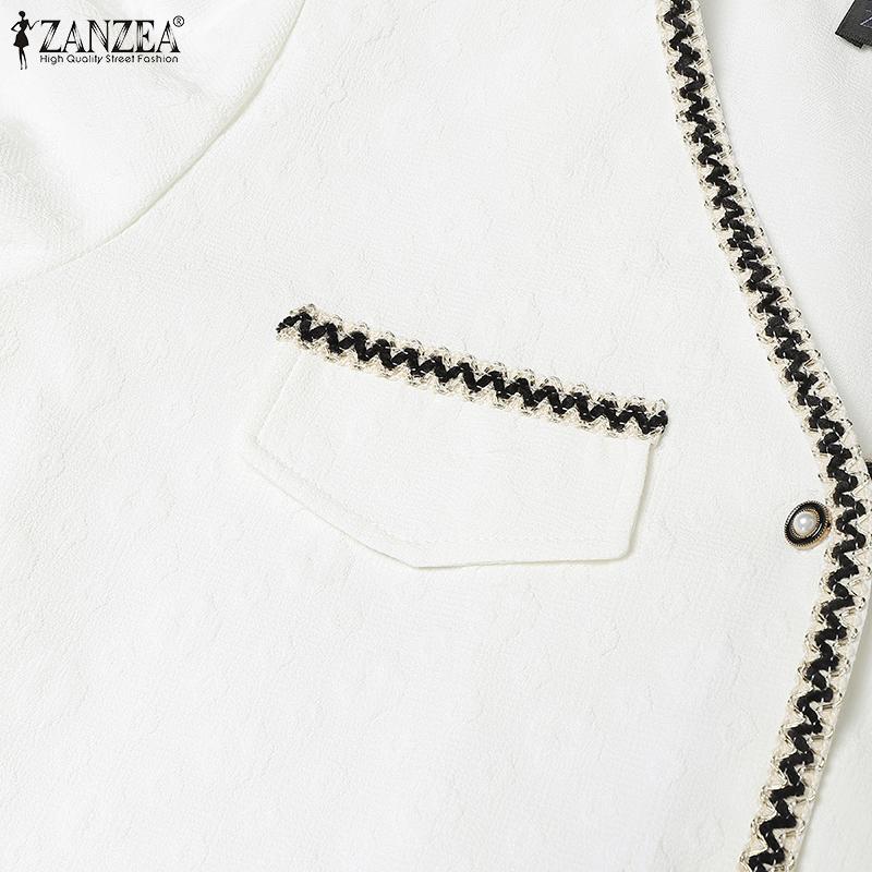 ZANZEA Elegant Women Short Sleeve Stitching Hem Buttons Casual Cropped Blouse