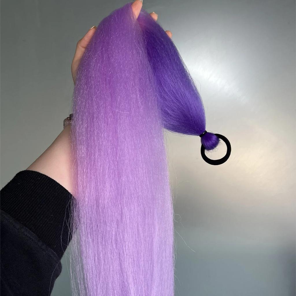2Pcs Synthetic Purple Ponytail Extension Rubber Band Long Straight Ponytail Women Hair Accessories for Halloween