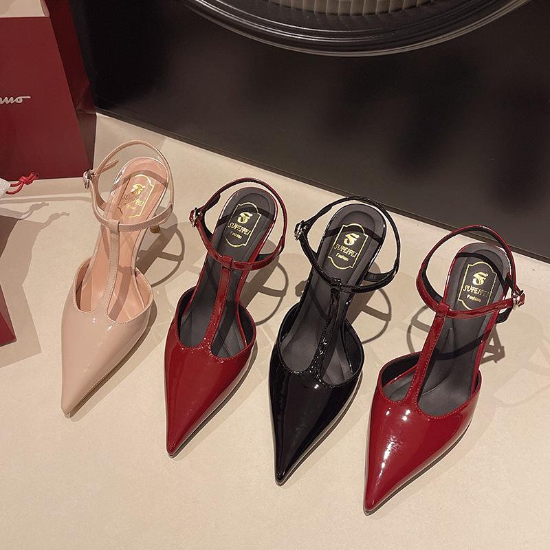 2025 Summer Pointed Stiletto High Heels Women's Rear Strap Shallow Mouth Bag Head Burgundy High Heel Rear Strap Sandals Stiletto