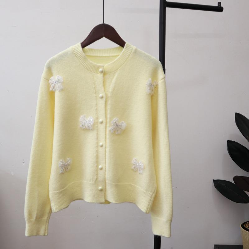 

Трехмерный бант круглый вырез свитер-жакет в нежном стиле осень-зима новый вязаный кардиган женский one size fits all жёлтый