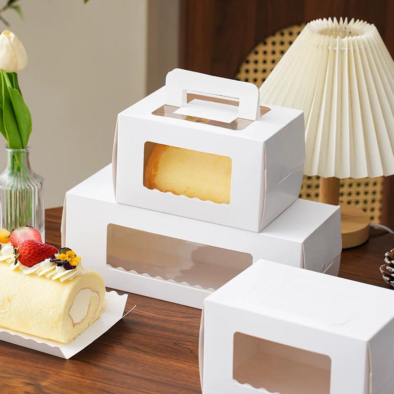 30 Sets Mousse Towel Roll Clear Window Packaging Boxes Color Cake Roll Packaging Portable Cases Long Swiss Roll Cardboard Box with White Tray