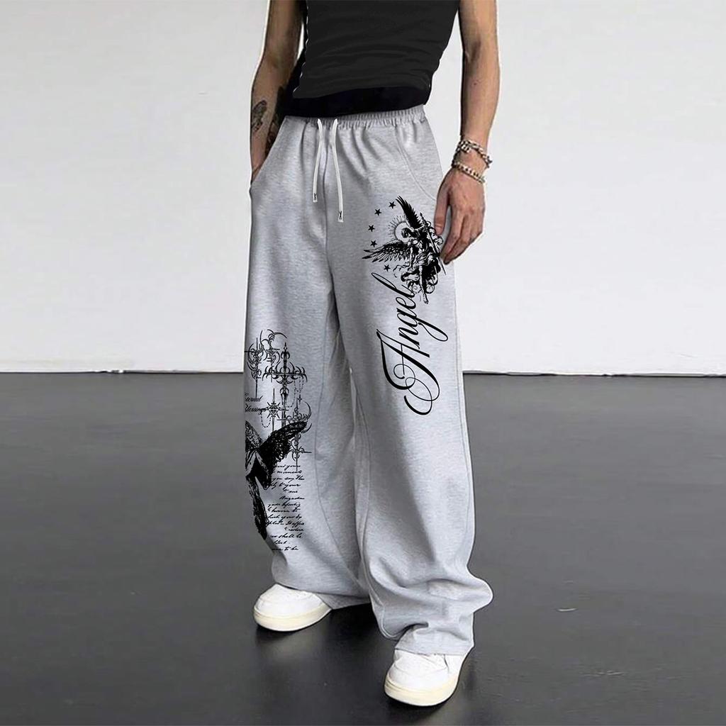 Dark Punk-Style “Angel and Sword” Print Wide-Leg Pants; Unisex High-Street Drawstring Relaxed-Fit Straight-Leg Sweatpants