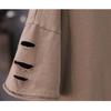 Khaki Loose Round Neck T-shirt Cotton Material Women's Short Sleeved Top Hollow Cuffs Design Retro Literary Style Simple Casual Harajuku Summer