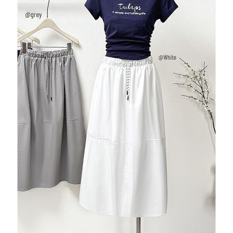 2026 Spring/Summer Retro Cocoon Mid-Length Elastic Waist Skirt - Stylish Solid Color Artistic Bud Design