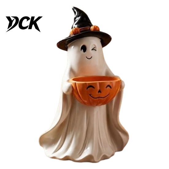 Halloween Table Decorations Resin Ghost Statue with Pumpkin Candy Bowl for Decor, Detailed Tabletop Figures Cute Desktop Organizer Living Room Bedroom