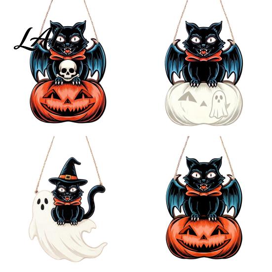 Festive Wooden Wall Hanging Halloween Door Sign Black Cat Bat Pumpkin Plaque with Rustic Sign Jute Rope Farmhouse Front Porch Indoor Outdoor