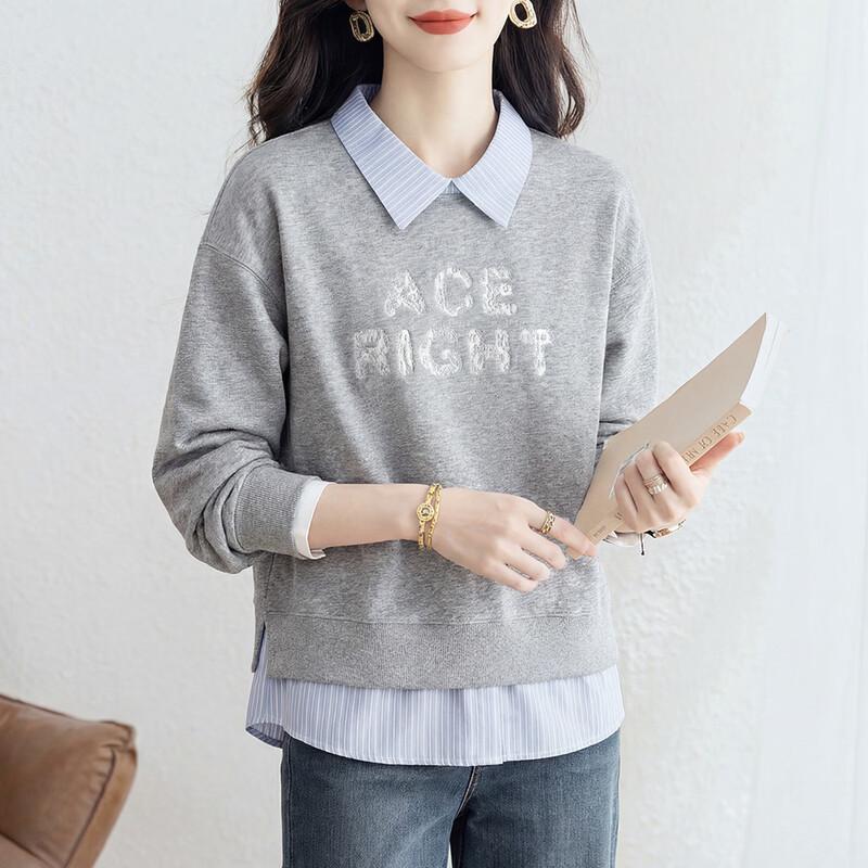 Women s Loose Fit Contrast Letter Pullover Sweatshirt One Size