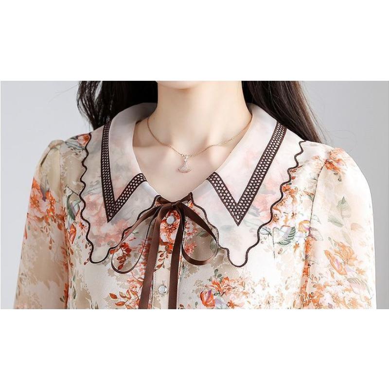 Vintage Flower Print Bow Shirt Women Clothing Summer Three Quarter Sleeve Tops Loose Sweet Blouse