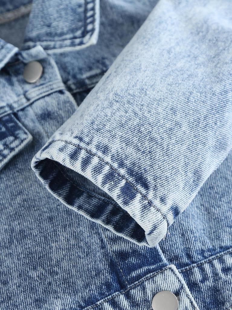 Girls' 2-Piece Casual Outfit: Cute & Comfortable Snowflake-Wash Denim Shirt-Jacket with Large Bow Collar and Loose Straight-Leg Jeans