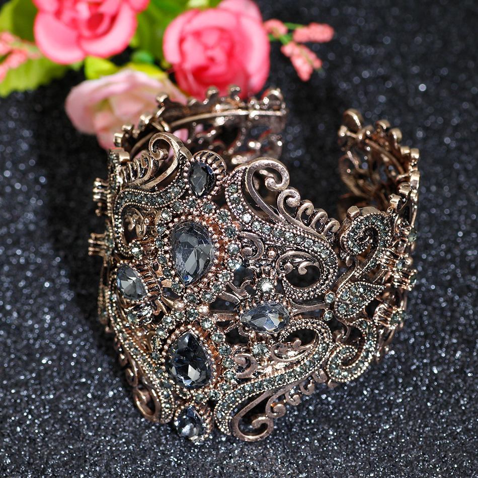 Sunspicems Retro Vintage Indian Wide Flower Bangle Cuff Women Antique Gold Color Spring Bangles Bracelet Turkish Wedding Bijoux
