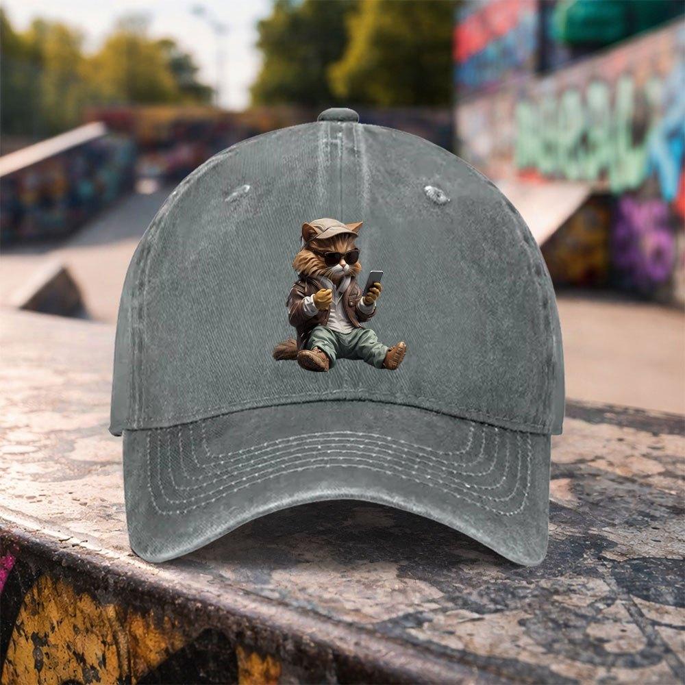 Pc Casual Fashion Trendy Cool Cat Print Washed Baseball Cap Premium Versatile Outdoor Accessory Unisex Duckbill Hat Suitable Fo