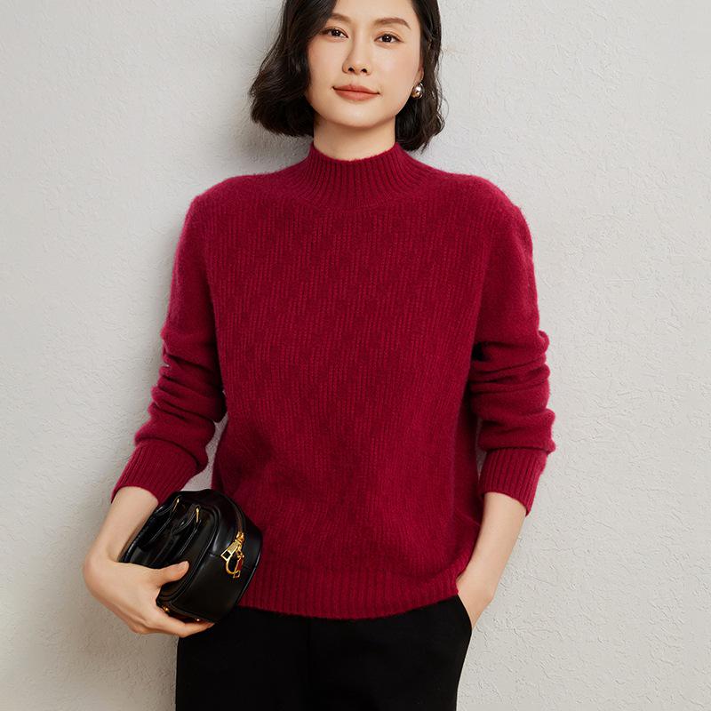 Women's Wool Blend Floral Knit Pullover Sweater - Half High Neck, Loose Fit for Autumn and Winter.