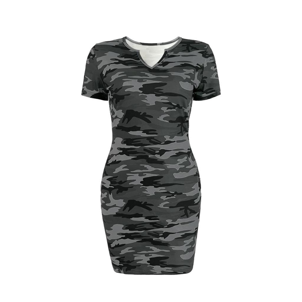 Rochie scurtă de damă, cu mâneci scurte, cu decolteu în V, imprimeu camuflaj, subțire