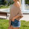 Women T-shirt Skew Collar Batwing Short Sleeve Waist Tight Design Tee Shirt Pure Color Loose Fit Soft Stretchy