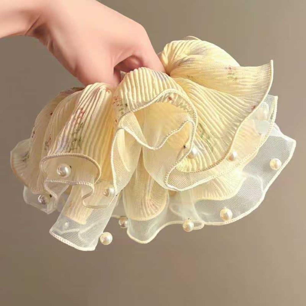

Elegant Pleated Hair Scrunchies Fabric Elastic Band Hair Loop Flowing Gauze Intricate Floral Design Hair Rope Summer Season жёлтый