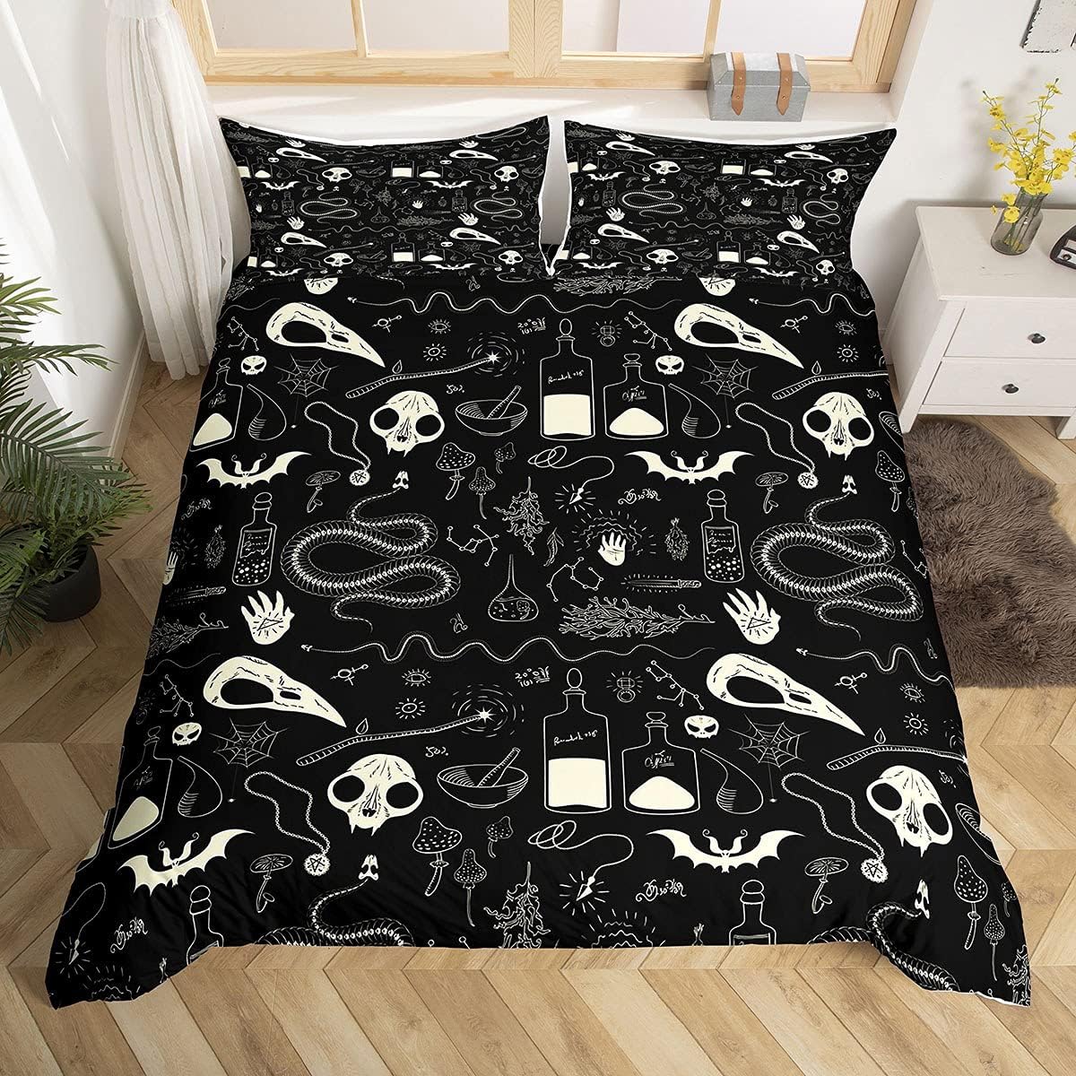 

Skull Bedding Set Kids Scary Animal Skeleton Bedding & Linen for Boys Teens Halloween Bats Duvet Cover Breathable Horror Spider US Twin(172x218cm)