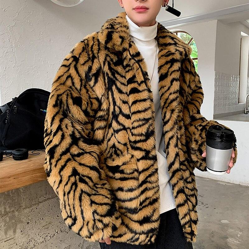 Winter Men Faux Fur Tiger Pattern Coat Jacket Male Fashion Loose Warm Coat Male Streetwear Thicken Outwear