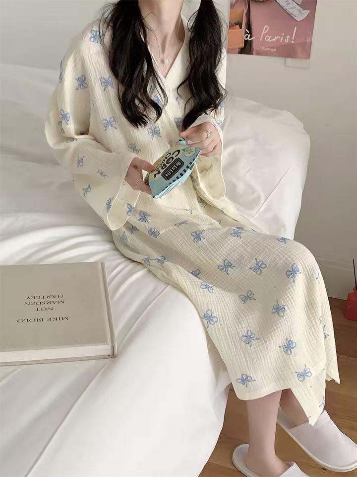 High-Quality Imitation Cotton Bow Pajama Nightgown - Cute, Loose, Long Sleeve Bathrobe for Women