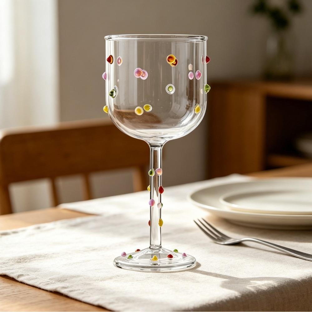 Artistic Glass Colorful Dot Goblet Cup Embossed Transparent Tall Glass Thin-walled Heat-resistant Stemmed Glass Bar