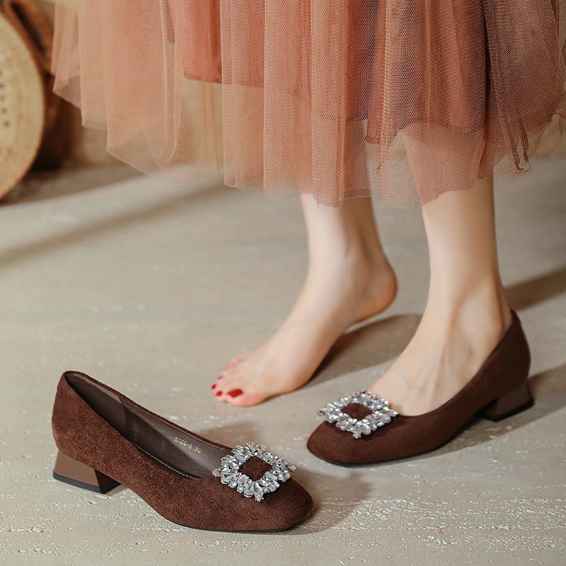 Low-heeled square-headed single shoes for women in spring 2025, new suede rhinestone square buckle, professional work, work shoes for women, black.