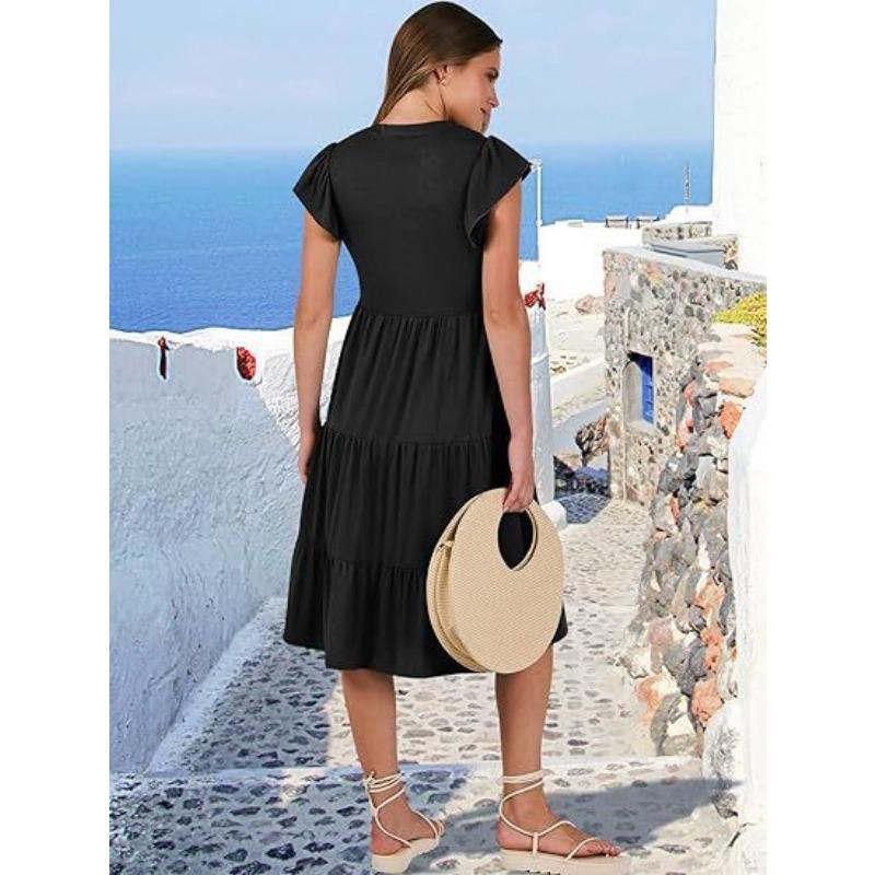 V-neck Fashion Elegant Summer Lotus Leaf Sleeve Dress Large Swing Pocket Party Dress Solid Color Casual Sweet Mid Length Splicing Dresses