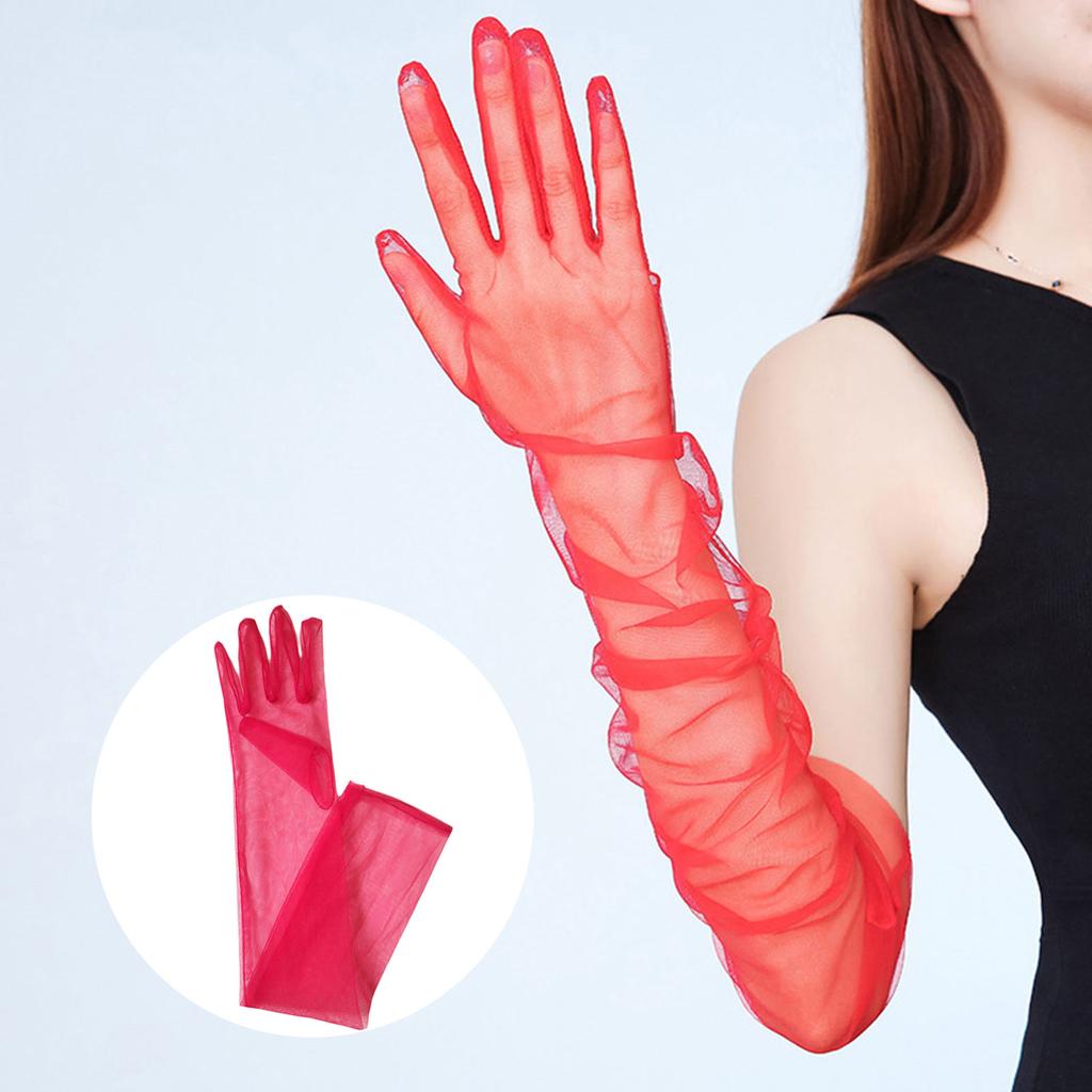Exquisite Long Tulle Elbow Gloves 55cm Wedding Gloves Ultra Thin Stretchy Full Finger Mittens for Opera Party Concert