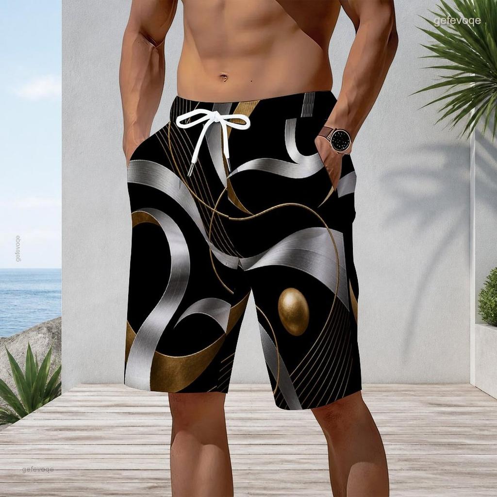 Men Plus Size Beach Shorts Abstract Black Gold Geometric Marble Print Drawstring Casual Swim Trunks For Summer Surfing Swimming