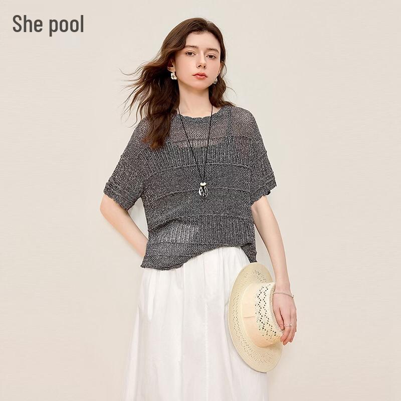 Women s Round Neck Hollow Knit Ice Silk Short T-Shirt L