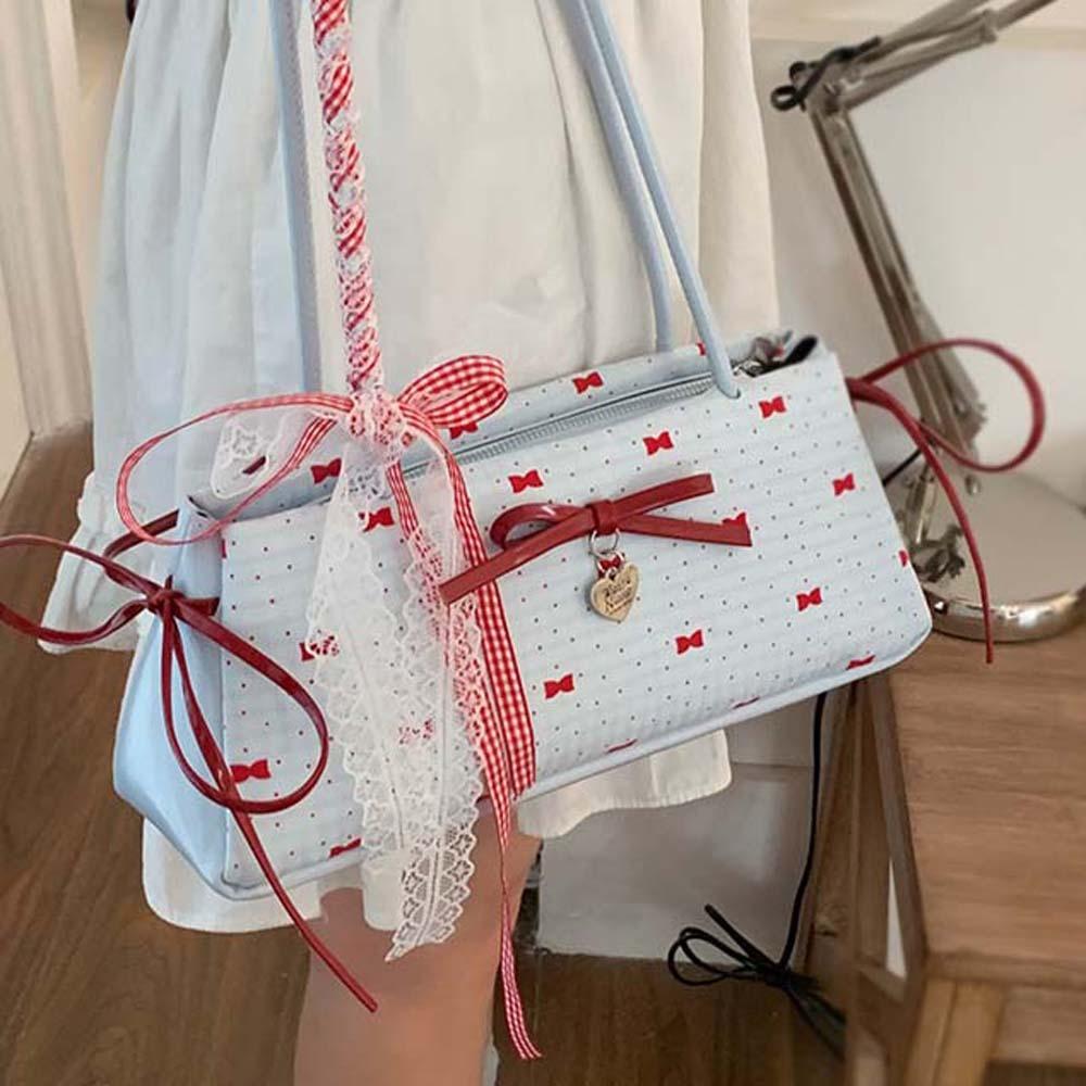 Contrast Color French Stick Handbag Lace Ribbon Underarm Bags All-match Bow PU Shoulder Bag  Daily