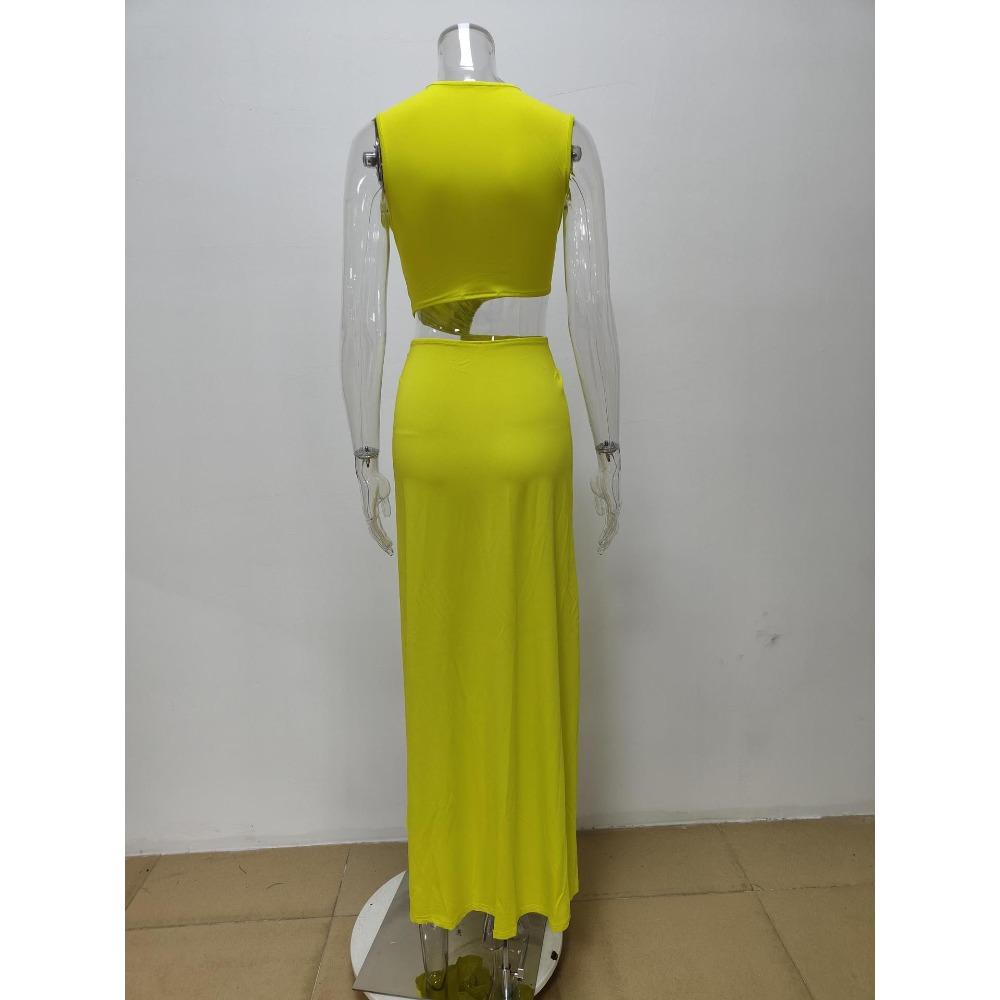 Spring Womens Fashion Hollow Out Knot Slit V Neck Sleeveless Pleated Irregular Dress