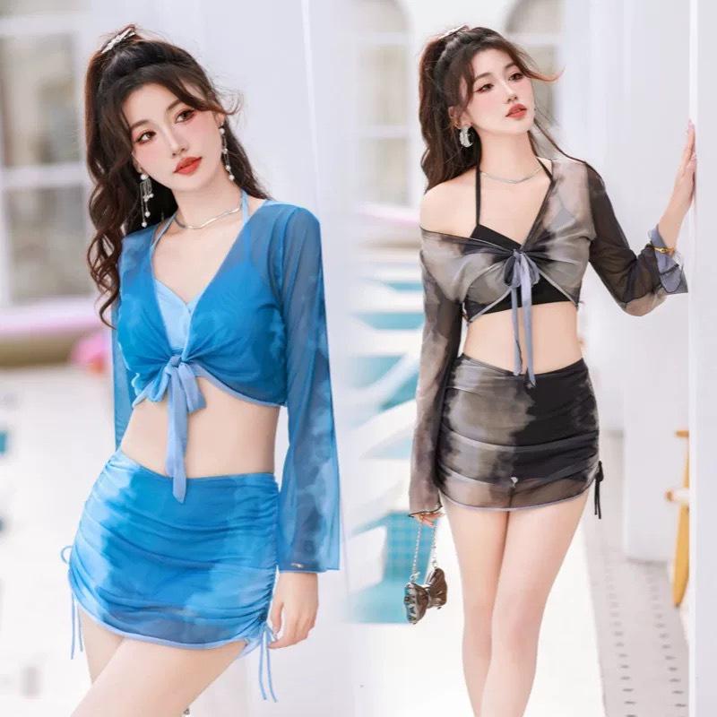 Women's Three-Piece Split Bikini with Long-Sleeved Top - Beach Vacation Hot Spring Fairy Style