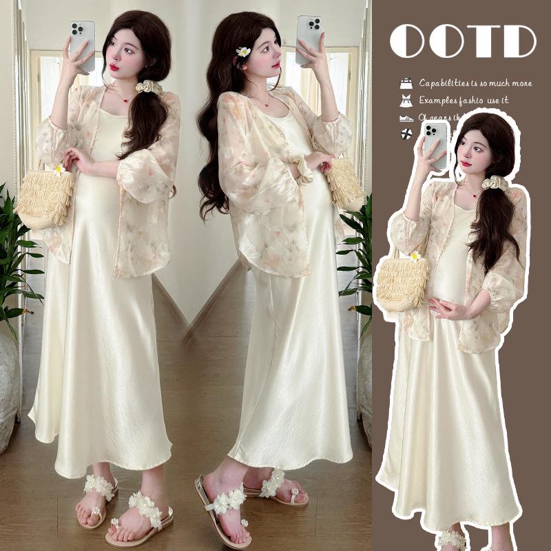 

2026 New Floral Satin Camisole Maternity Dress Set - Trendy Two-Piece with Sun Protection L
