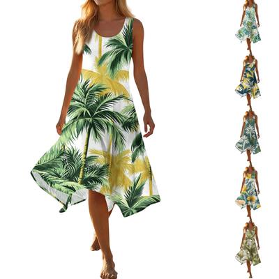 Dam Casual Mode Ärmlös Blommig Tryckt Klänning med Rund Hals Asymmetrisk Fåll Mellanlång Sommarklänning
